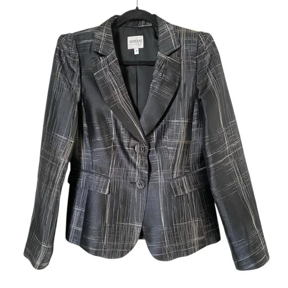 Armani Collezioni Womens Black Silver Metallic Abstract Statement Blazer Size 8 - Picture 1 of 7